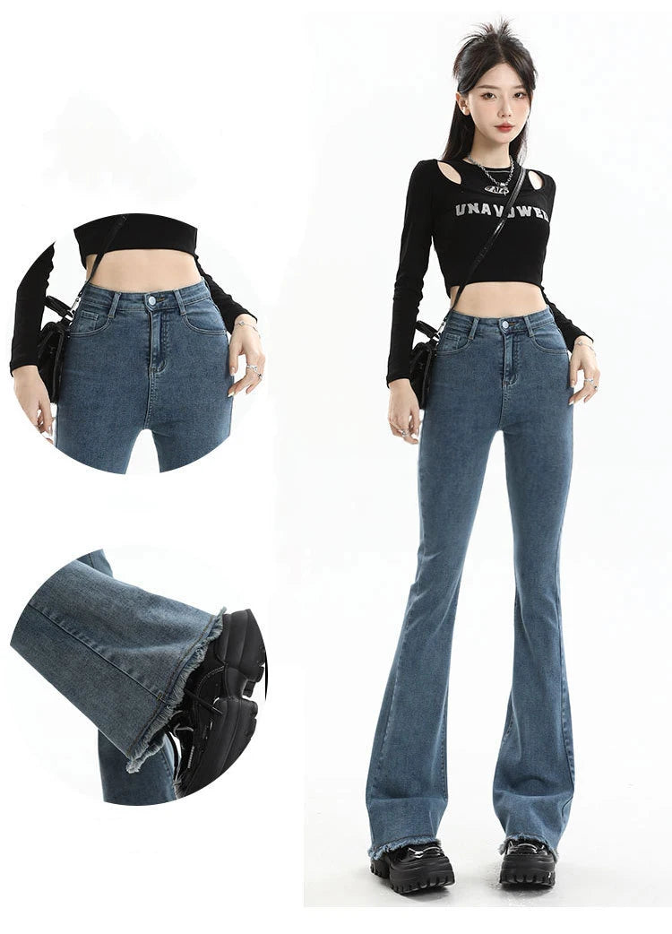 BIVIGAOS 2025 New Autumn Spring Micro Flared Jeans Women High Waist Slim Tight Retro Tassel Hem Stretch Denim Horseshoe Pants
