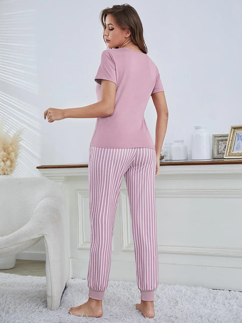 Ladies 2 Piece Summer Homewear Nightwear Spring Women Short Sleeve Long Pants Printed T-Shirt Ladies Pajamas Casual Set
