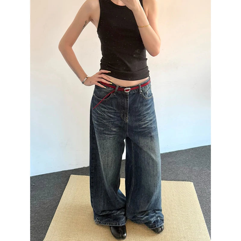2025 Spring Vintage 2000s Loose Washed Do Old Wide Leg Pants Women's Harajuku Casual Jeans Y2K Baggy Blue Denim Trouser
