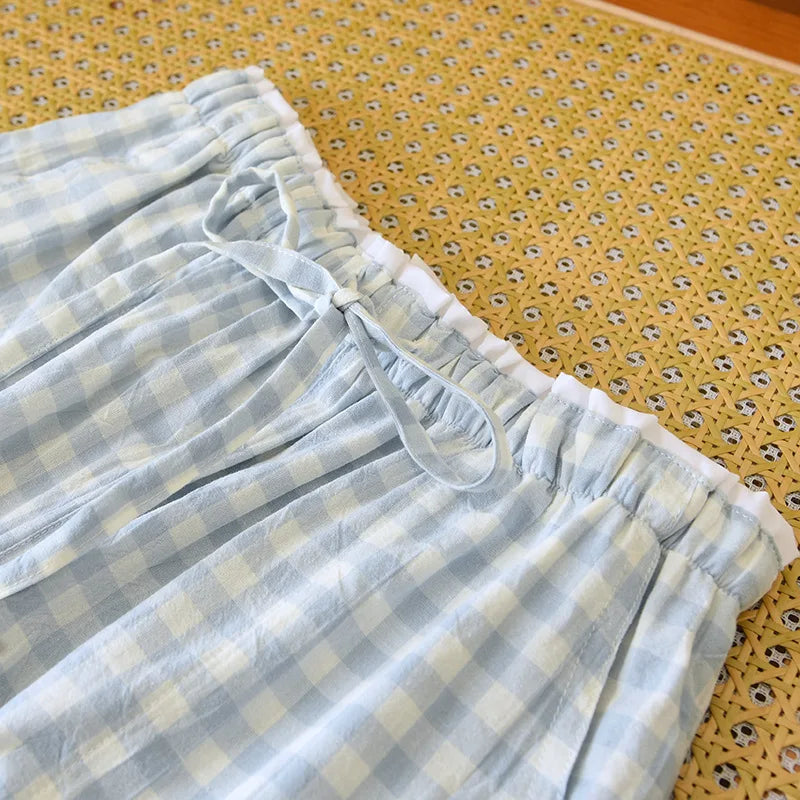 2026 new women's sleepwear 100% cotton gauze lace checkered pants Japanese minimalist home pants bottoms womens sleepwear