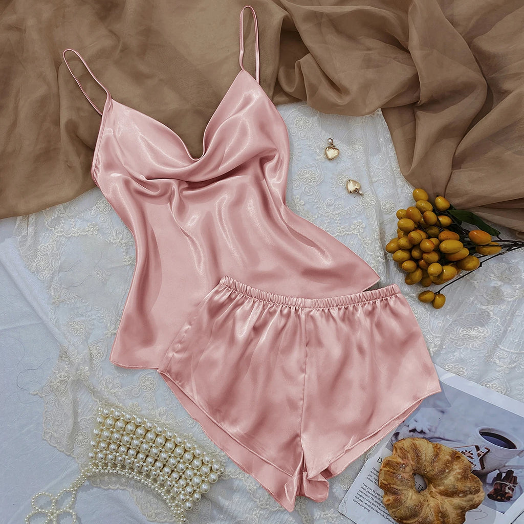 Solid Satin Pajama Set  V Neck Cami Top   Elastic Waistband Shorts Women's Sleepwear  Loungewear