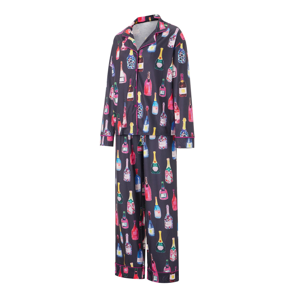 Womens Satin Pajamas Sets  2 Piece Set Champagne Bottle Wine Glasses Long Sleeve Button down Shirt Pants Satin Silk Loungewear
