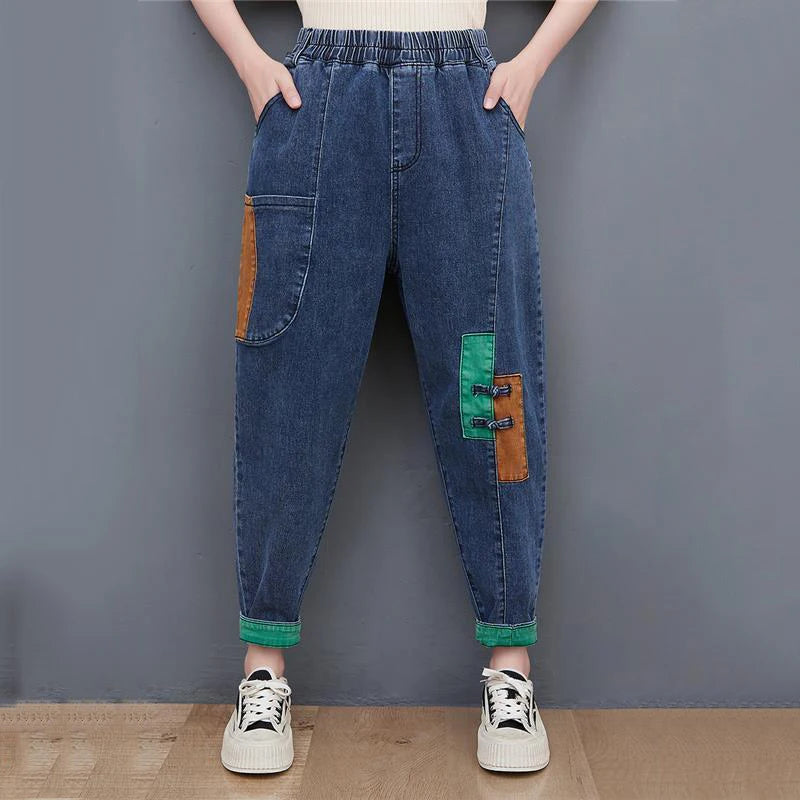 Vintage Blue Baggy Spliced Harem Jeans Women Ankle-Length Casual Elegant High Waist Oversized Denim Pants Korean Cute Pantalones