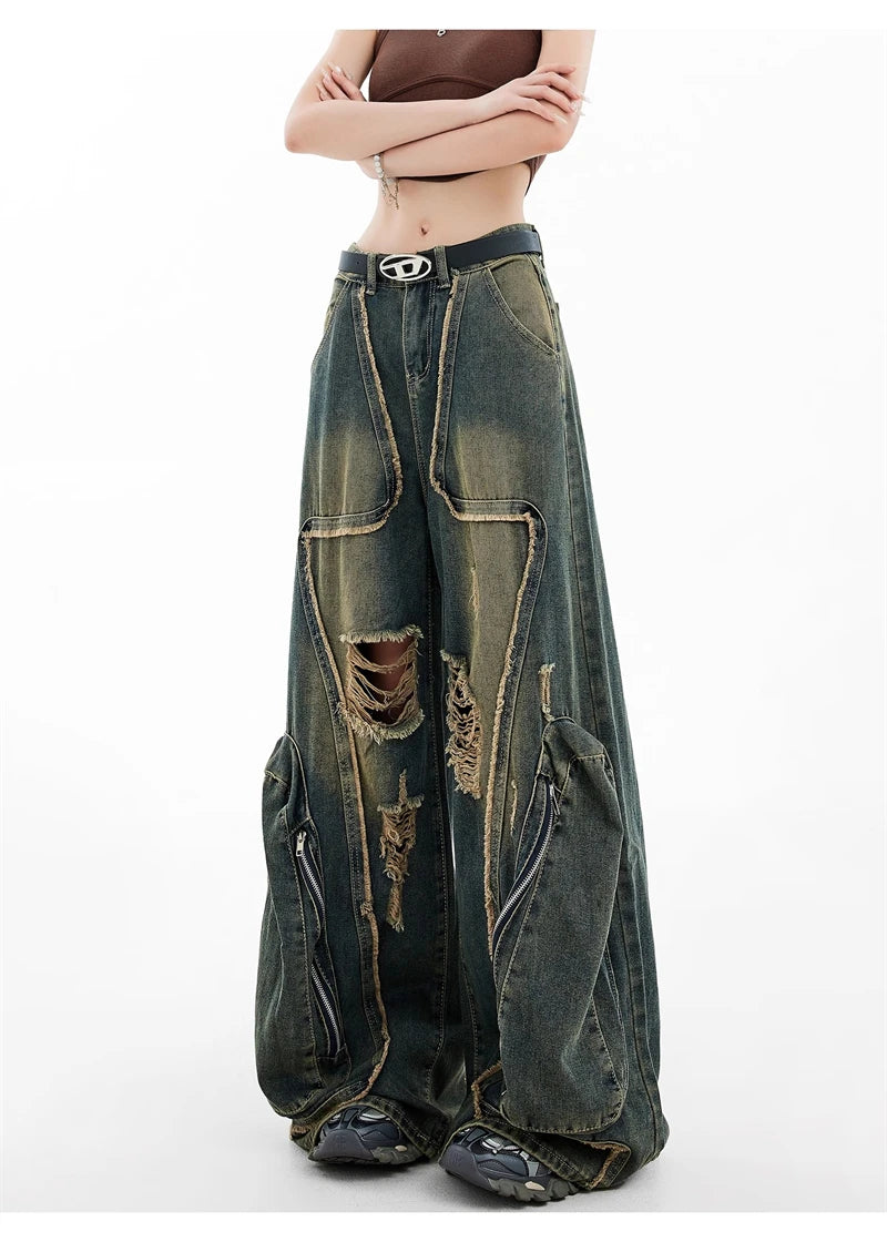 Women Y2k Baggy Cargo Jeans Harajuku Oversize Ripped Denim Trousers Vintage Japanese 2000s Style Jean Pants Trashy Clothes 2024