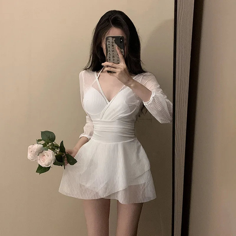 Swimsuit Women's One-piece Dress Style Conservative Belly-covering and Slimming Hot Spring Long-sleeved Sun Protection Vacation