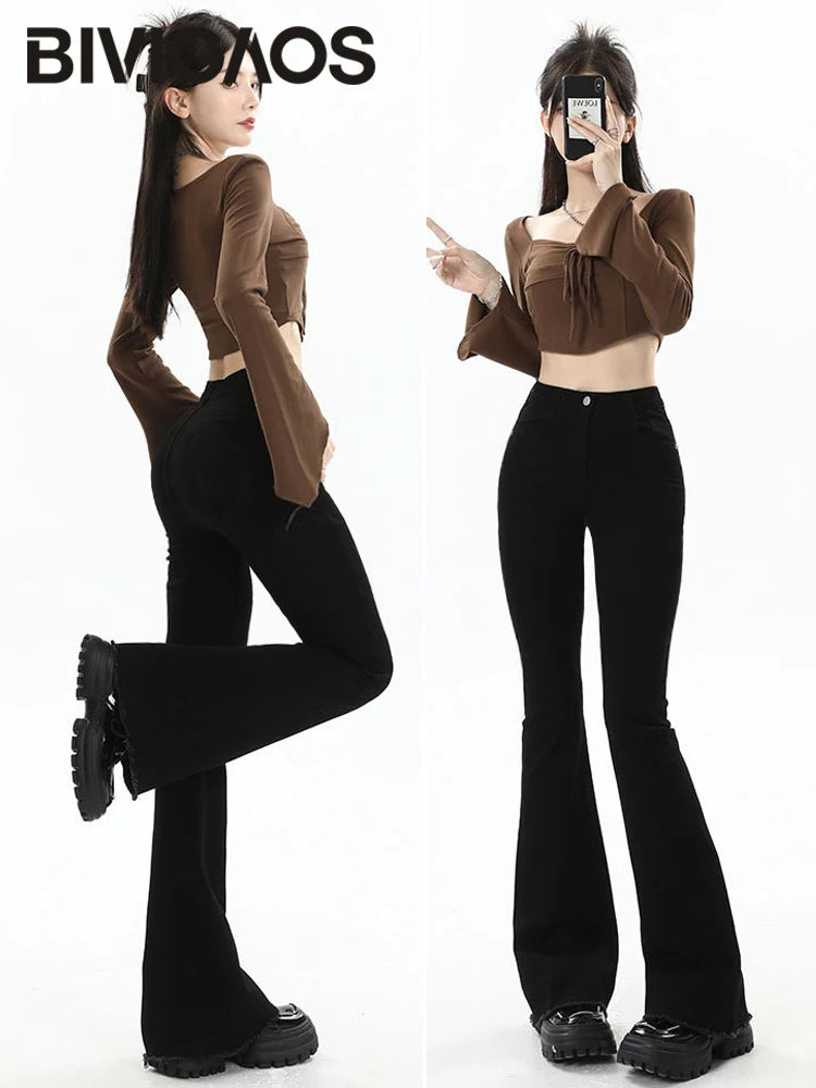 BIVIGAOS 2025 New Autumn Spring Micro Flared Jeans Women High Waist Slim Tight Retro Tassel Hem Stretch Denim Horseshoe Pants