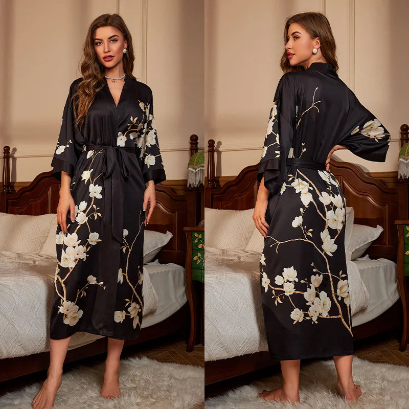 Print Flower Female Long Robe Sleepwear Japanese Kimono Bathrobe Gown Spring Summer Satin Nightgown Loose Casual Home Dress Wear