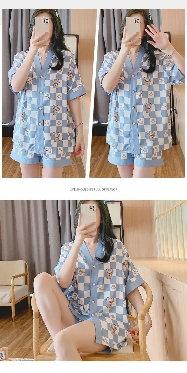 Luxury Women Silk Sleepwear Summer Short Sleeve Cardigan Shorts Two Pieces Homewear Kawaii Clothing Pajama Sets Nightwear Korean