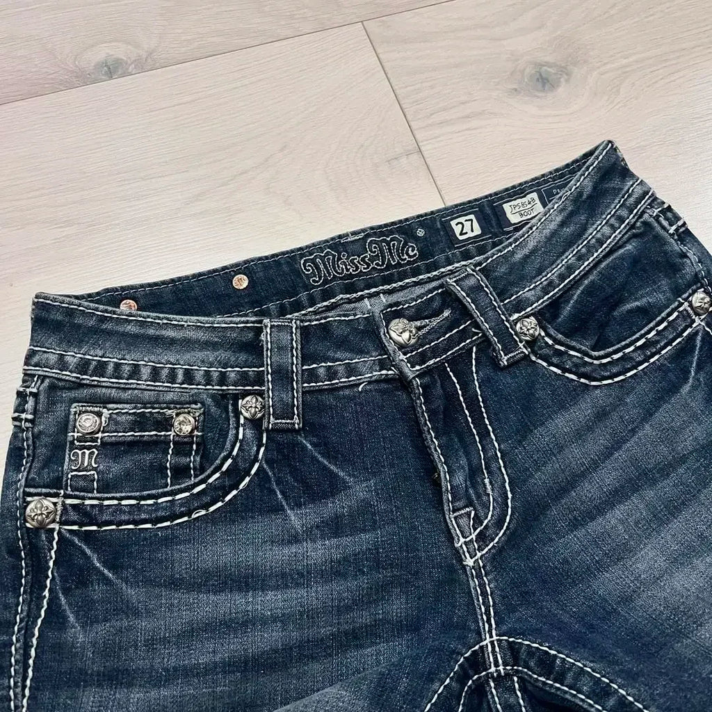 American 2000s Trend Women Jeans Rhinestone Embroidered Pocket Flanging Korean Version Oversized straight Denim Bell-Bottom