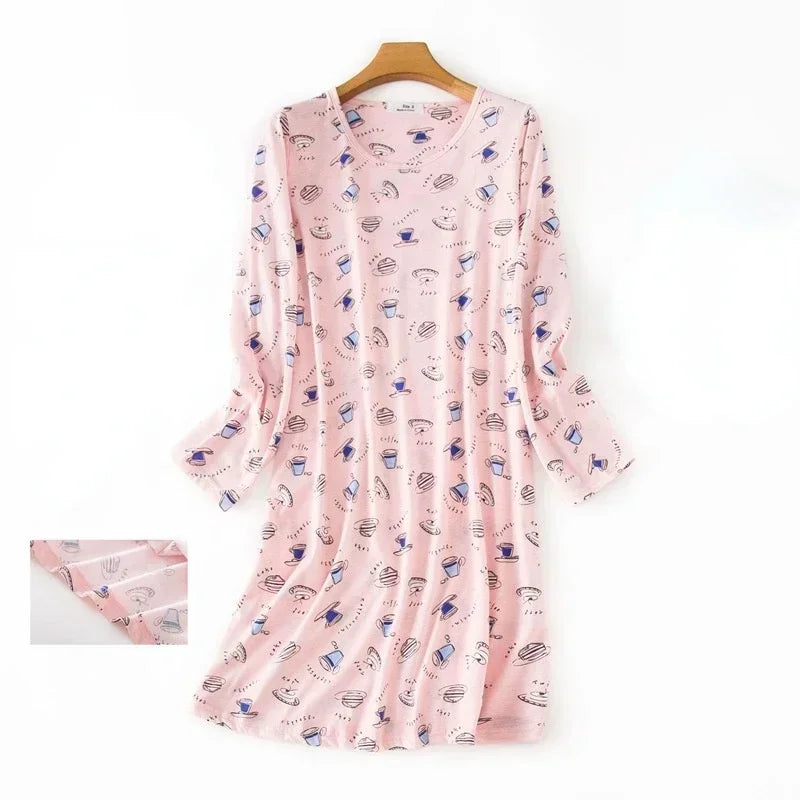 Knitted Cotton Women Plus Size Lingere Nightgown Loose Nightdress Long Sleeve Night Gown Cute Cartoon Home Dress Sexy Sleepwear