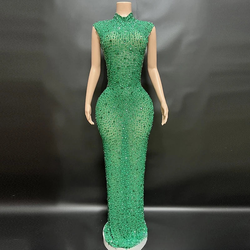 Sexy Full Drill Elastic Slim Fit Sleeveless Long Dress - Hip Wrap, For Host Stage Catwalk & Engagement Evening High-Slit Dresses