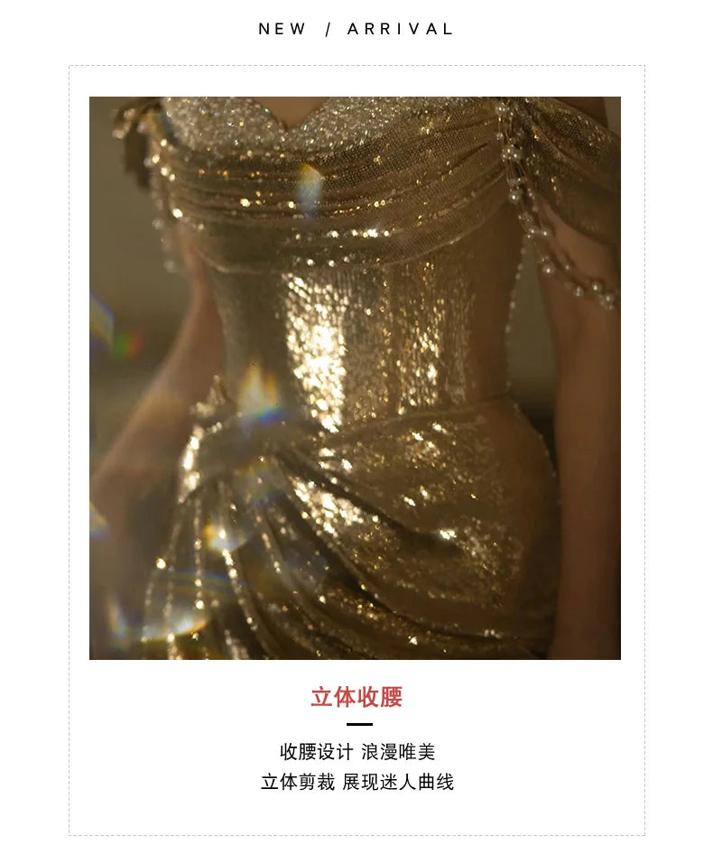 Lautaro Spring Praty Birthday Evening Dresses Woman Off Shoulder Backless Elegant Luxury Prom Floor Length Gold Sequin Dress