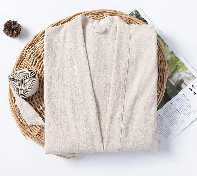 70% Cotton 30% Linen Kimono Bathrobe Nightgown 2025 New Loose Men And Women Dressing Gown Sleepwear Nightwear Solid Hotel Robe