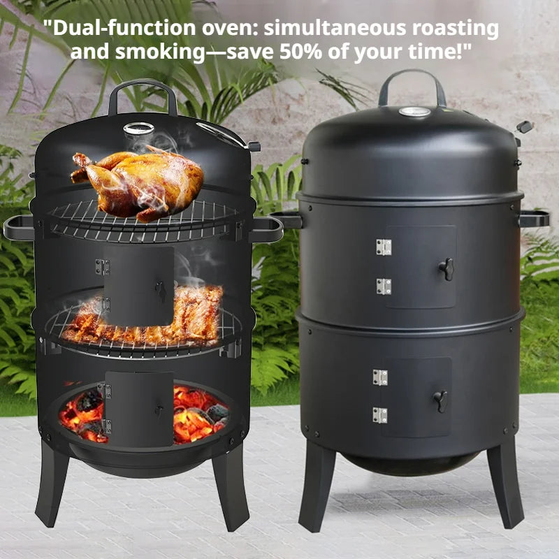 3-Tier Charcoal Smoker Grill, Outdoor & Home Hanging BBQ Smoker, Portable Barbecue Grill