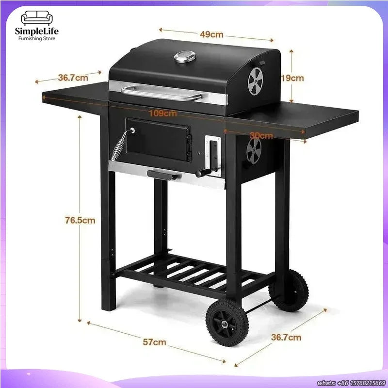 Large Charcoal Grill Smoker BBQ Grill Outdoor Camping Stove with Wheels Heavy Duty Portable Barbecue for Home Party Garden