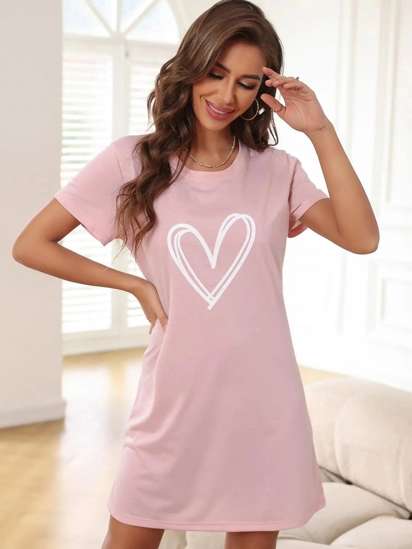 Plus Size Loungewear Nightdress Women's Heart Print Short Sleeve Sexy Crew Neck Home Dress Sexy Nightwear Romantic Ladies