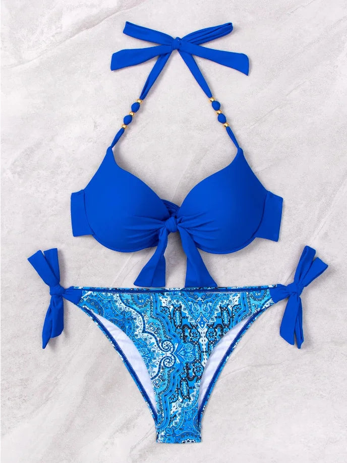 2026 Push Up Halter Bikini Printed Swimsuit Women Sexy Strappy Swimwear Female Bathers Bathing Swimming Swim Suit Beachwear