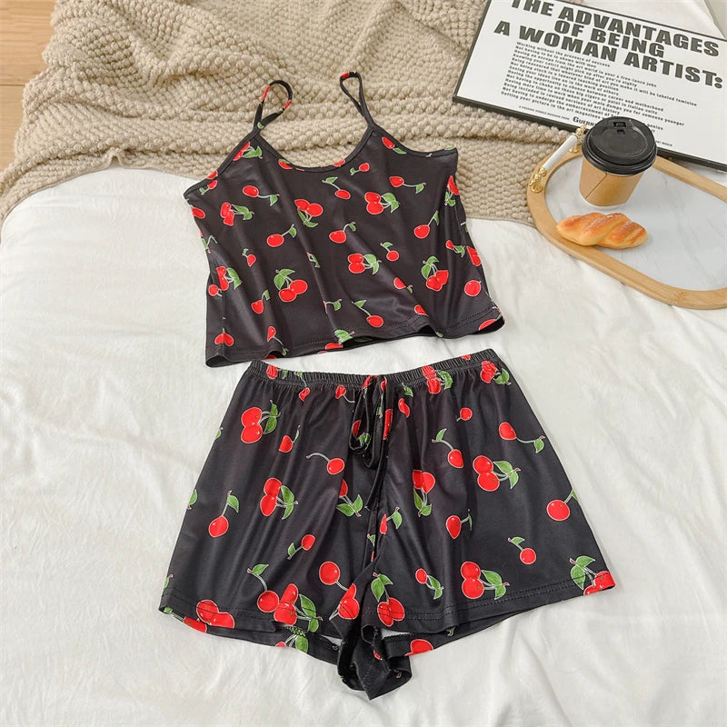 Summer Women's Cherry Print Pajama Set Sexy Ice Silk Sleeveless Vest and Shorts Girls Casual Cute Printed Sleepwear for Lounging
