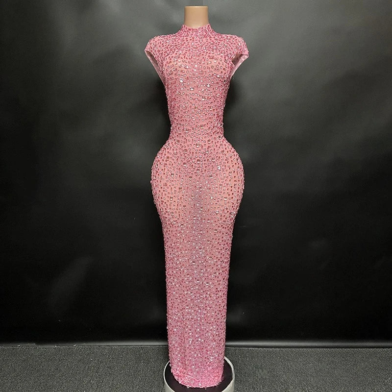 Sexy Full Drill Elastic Slim Fit Sleeveless Long Dress - Hip Wrap, For Host Stage Catwalk & Engagement Evening High-Slit Dresses