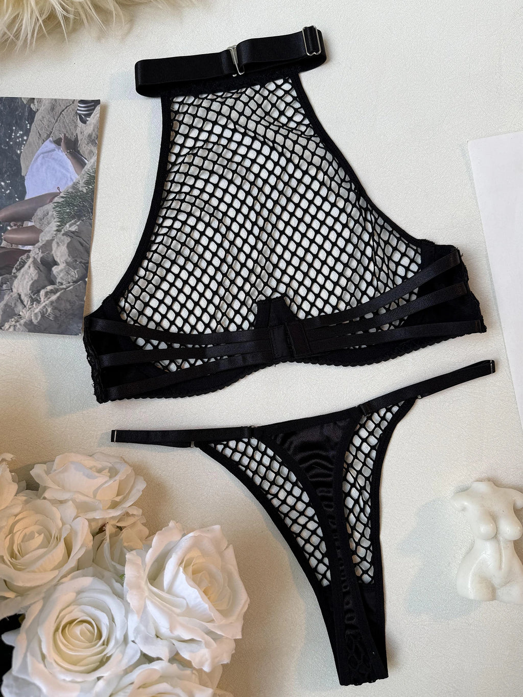 Ellolace Intimate Lingerie Sexy Women Fancy Tank Top Thong 2PC Seductive Hollow Fishnet Party Outfit Hot Girl Backless Underwear