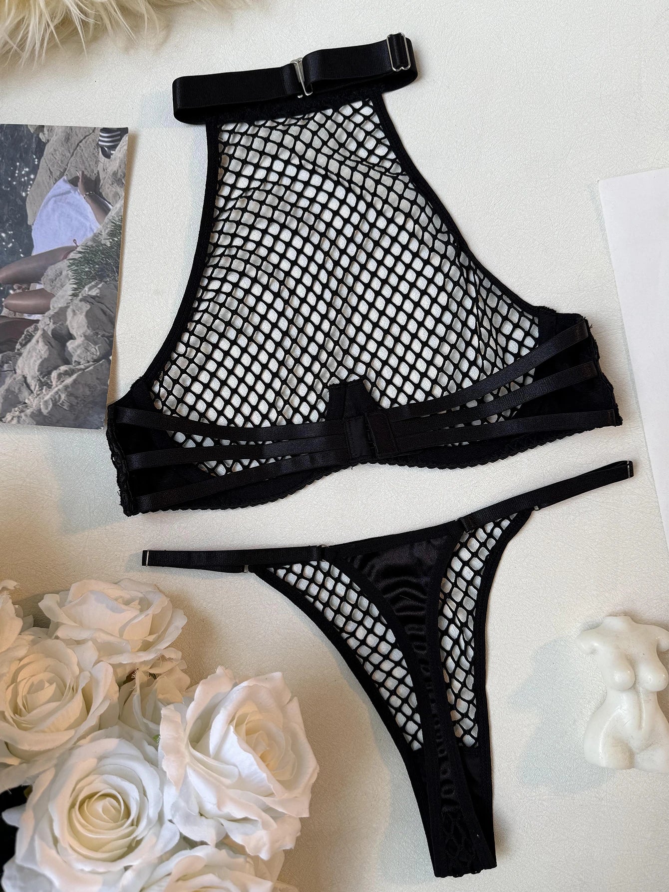 Ellolace Intimate Lingerie Sexy Women Fancy Tank Top Thong 2PC Seductive Hollow Fishnet Party Outfit Hot Girl Backless Underwear