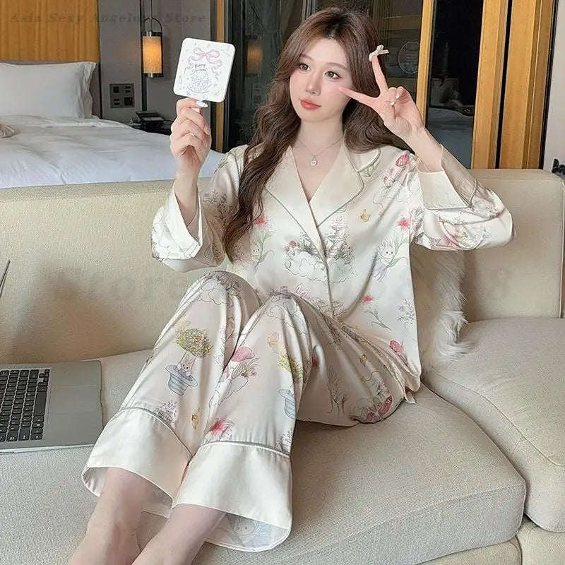 Silk Satin Female Pajamas Sleepwear 2PCS Set Fashion Print Flower Home Clothes Trouser Suits Spring New Loose Casual Nightwear
