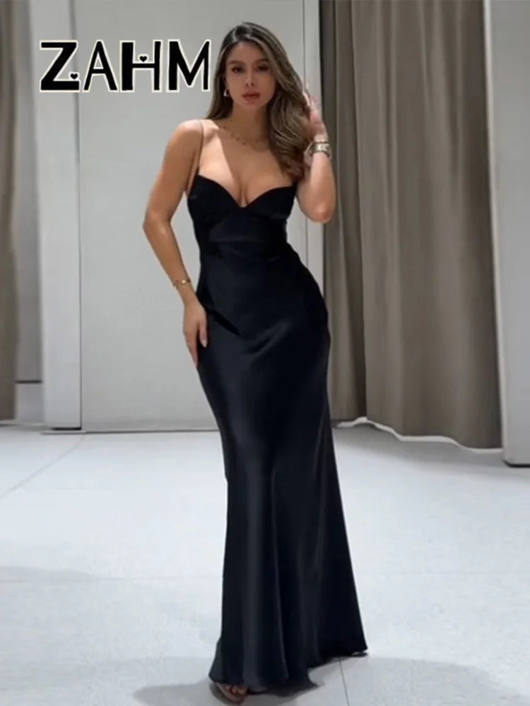 Sexy Satin Long Sling Dress Women Square Collar Sleeveless Backless Pleated Dresses Female 2026 Spring Lady Party Evening Robes