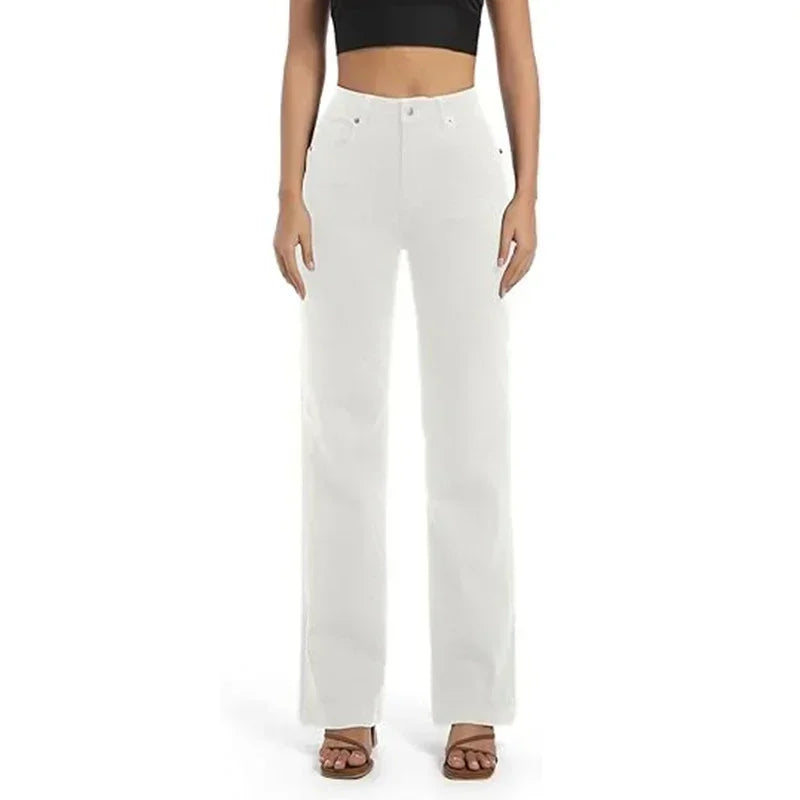 Women High Waist Straight Leg Jeans Female Comfortable Stretch Basic Denim Pants Woman Classic Cheap Black Gray White Trousers