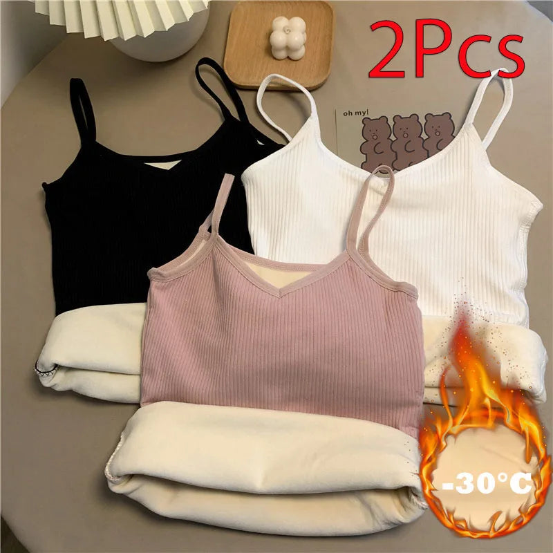 2PCS Women Winter Warm Underwear T-shirt Set Solid Color Thermal Casual Nightwear Sexy Elasticity Thin  Velvet Sleeveless Tops
