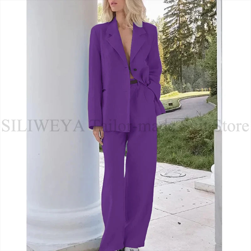 Elegant Light Blue Linen Women Suit Single Brested Jacket Pants 2 Piece Female Clothing Loose Casual Office Lady Balzer Set