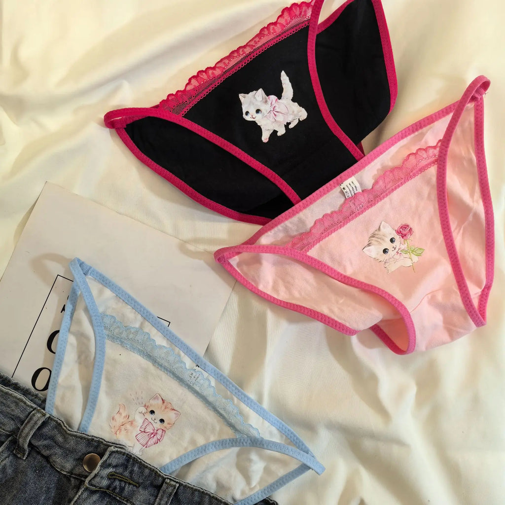 Retro Panties Japanese Sweet Cool Kitten Underwear Female Y2K Lace Girls Panties Cotton Crotch Women's Intimates Briefs Lingerie