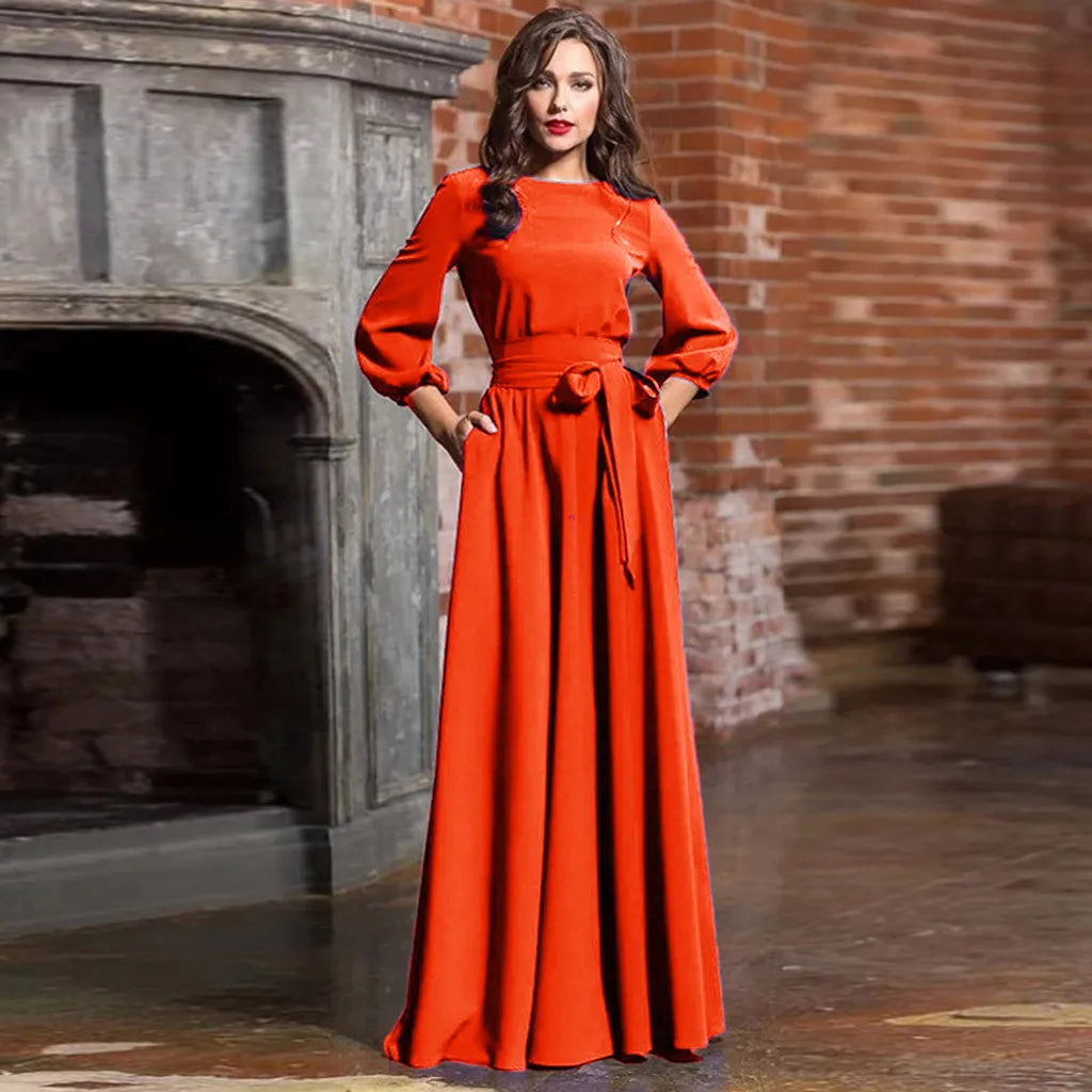 Women's Long Sleeve Dress A Line Solid Tie Up Waisted Formal Dresses For Women Vintage O Neck Medieval Long Dresses For Women