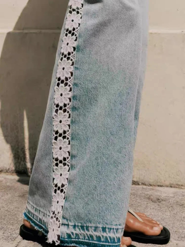 2026 Ropa Y2K Fashion Hollow Lace Patchwork Vintage Blue Baggy Jeans Pants For Women Clothing Korean Casual Lady Denim Trousers