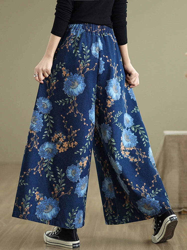 NYFS 2025 New Summer Vintage Print Woman Jeans Loose Plus size Trousers Elastic Waist Denim Wide Leg Pants