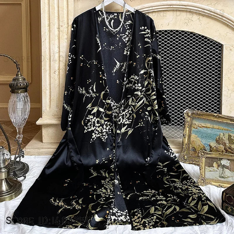 Large Size Female 3PCS Robe Pajamas Set Sexy Print Flower Kimono Batrobe Gown Spring Summer Sleepwear Homewear Satin Loungewear