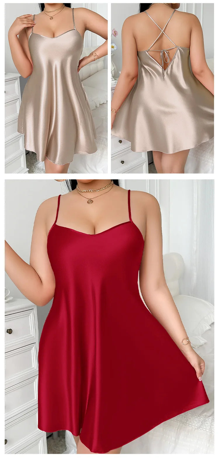 Plus Size Solid Silk Satin Women Nightgown Cross Back Pajama Dress V Neck Female Sleepwear Sleeveless Summer Nightwear Homwear