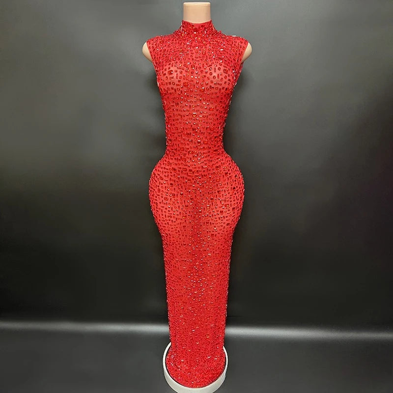 Sexy Full Drill Elastic Slim Fit Sleeveless Long Dress - Hip Wrap, For Host Stage Catwalk & Engagement Evening High-Slit Dresses