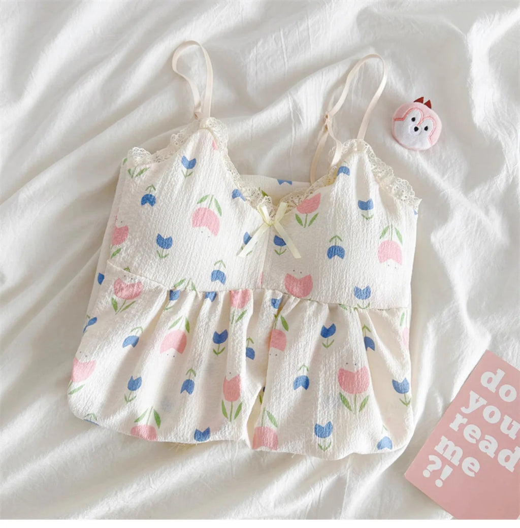 With Chest Cushion Halter Nightgown Female Summer Floral Breathable Thin Section of the Princess Style Loose Knee-Length Pajamas