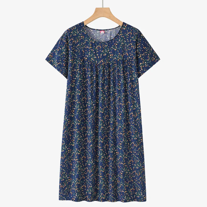Middle-Aged and Elderly Cotton Silk Short-Sleeved Nightgown Homewear Women New Pajamas Thin Section Loose Homewear Dress Summer