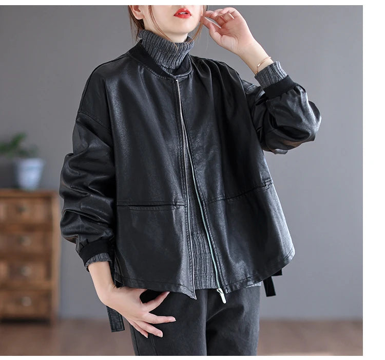 Amax luluE 2024 Autumn Fashion Biker Clothes Womens Loose Vintage Faux Leather Jackets Luxury Punk Pu Coats Black Big Outerwear