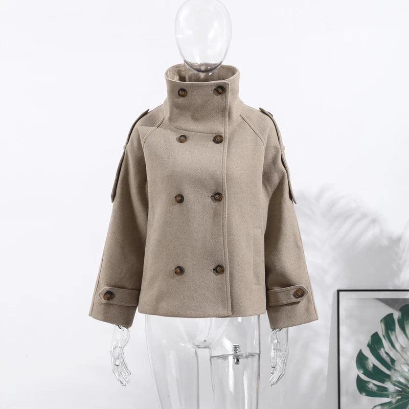 Elegant Stand Collar Long Woolen Coat Women Loose Full Sleeve Single Breast Warm Overcoat 2026 Spring Lady Outwear New