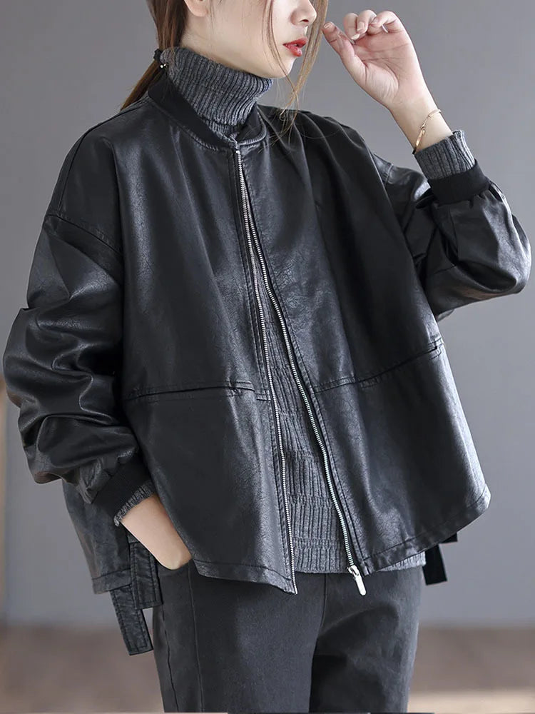 Amax luluE 2024 Autumn Fashion Biker Clothes Womens Loose Vintage Faux Leather Jackets Luxury Punk Pu Coats Black Big Outerwear