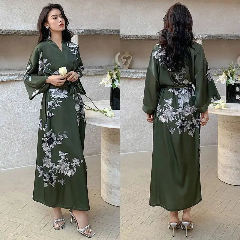 Print Flower Female Long Robe Sleepwear Japanese Kimono Bathrobe Gown Spring Summer Satin Nightgown Loose Casual Home Dress Wear