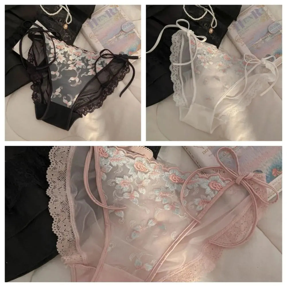 Lingerie Low Waist Embroidery Flower Panties Cotton Crotch Sweet Mesh Lace Briefs Transparent Lace-up Underwear Lady