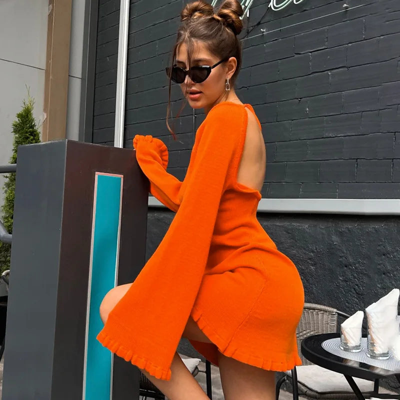 2026 Women Ins Style Sexy Backless Neck-hanging Long Sleeve Fishtail Dress Knit Beachwear Summer Swimsuit Bikini Cover-ups A2825