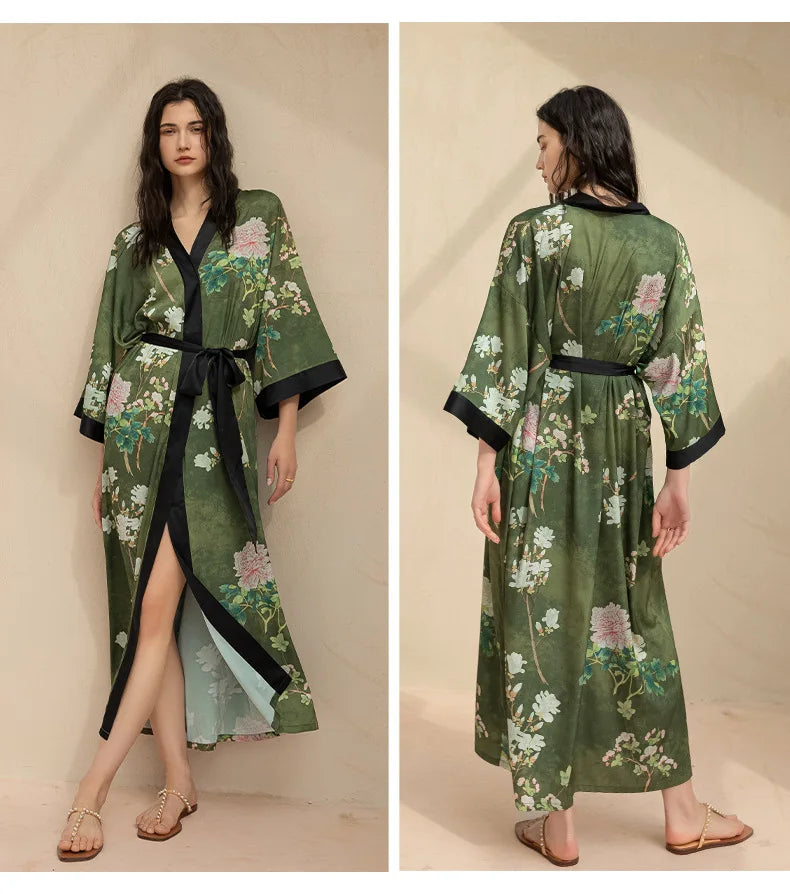 Print Flower Female Long Robe Sleepwear Japanese Kimono Bathrobe Gown Spring Summer Satin Nightgown Loose Casual Home Dress Wear