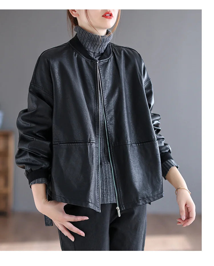 Amax luluE 2024 Autumn Fashion Biker Clothes Womens Loose Vintage Faux Leather Jackets Luxury Punk Pu Coats Black Big Outerwear