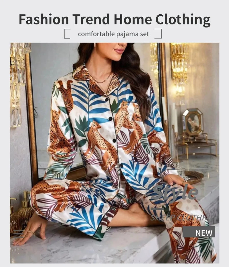 Two piece set of womens pajamas spring and autumn satin printed long sleeved top long pants casual and comfortable home suit set