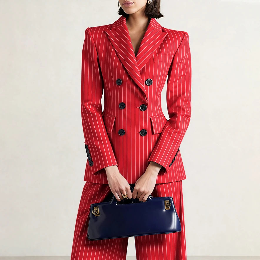 Slim Chic Double Breasted Women Pants Set High-end Female Two Pieces(Jacket+Trousers)أطقم بناطيل