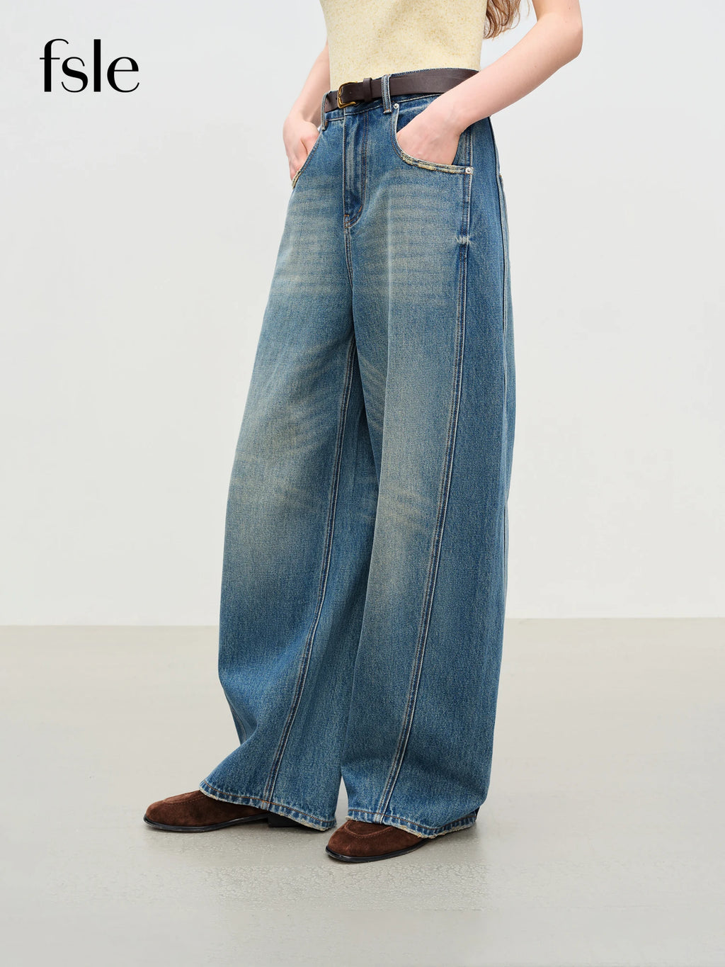 FSLE【Premium Series】New Women Retro Loose Flare Jeans High Waist Vintage Denim Pants Autumn Wide Leg Y2K Streetwear With Belt